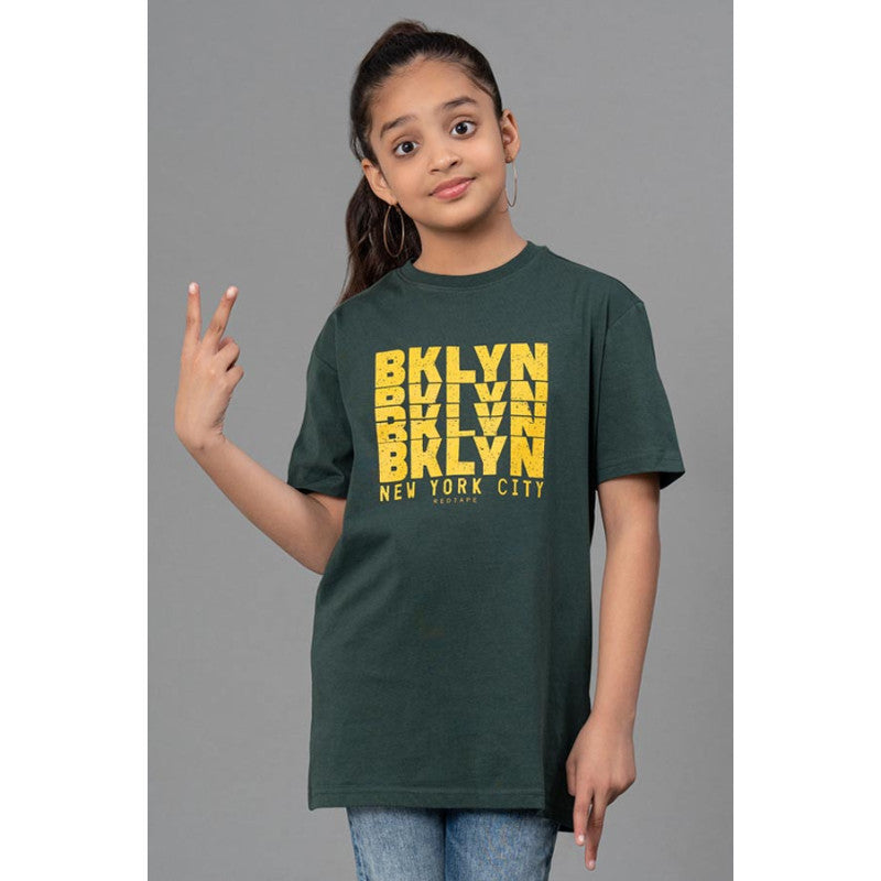 RedTape Kids Unisex T-Shirt- Best in Comfort and Ease| Cotton| Dark Green Colour| Round Neck| Casual look with chest print.