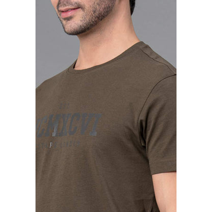 RedTape Mens Casual Round Neck Dark Olive T-Shirt | Comfortable Half Sleeve T-Shirt | Printed Cotton T-Shirt